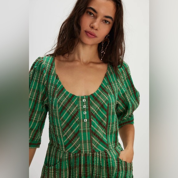 NWT Free People Tulie Plaid Midi Dress M - MSRP $168 Green Jade Combo - Picture 3 of 14
